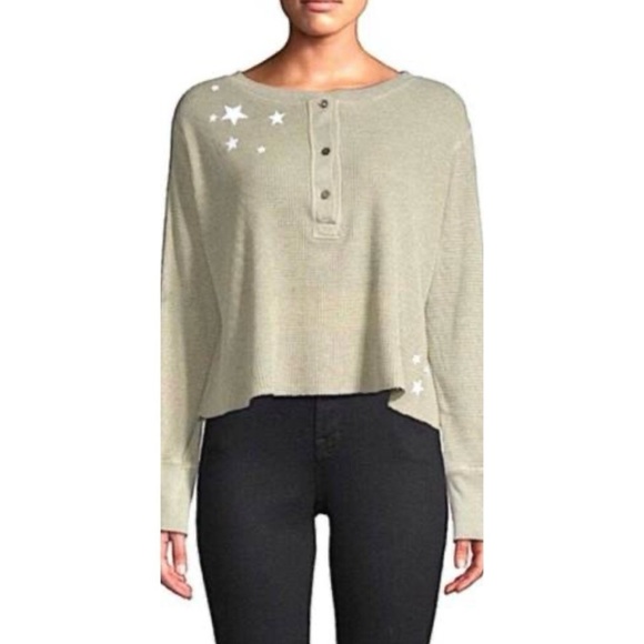 Monrow Top Oversized Crop Henley Thermal Shirt Star Embroidered Long Sleeve S - Picture 1 of 10